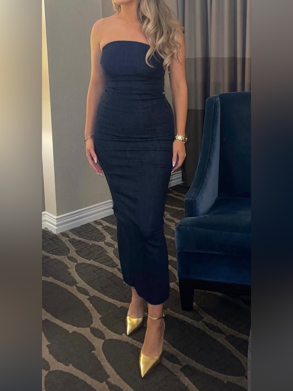 Zara Dark Indigo Denim Strapless Tube Dress